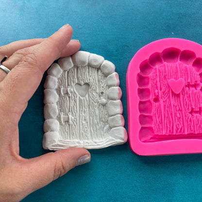Polymer Clay Mold Classic wooden Fairy Door with heart window and stone border - Create Along 