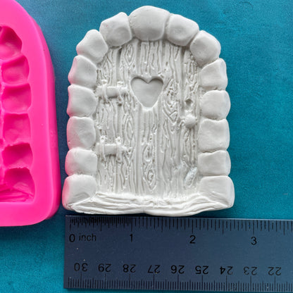 Polymer Clay Mold Classic wooden Fairy Door with heart window and stone border - Create Along 