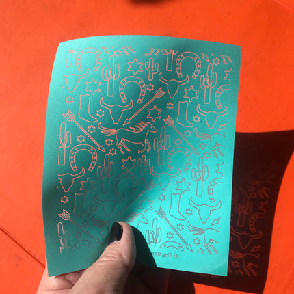 At the Ranch cowboy cactus cow skull horse shoe Silkscreen for polymer Clay - Create Along 