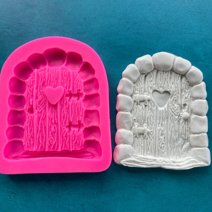 Polymer Clay Mold Classic wooden Fairy Door with heart window and stone border - Create Along 