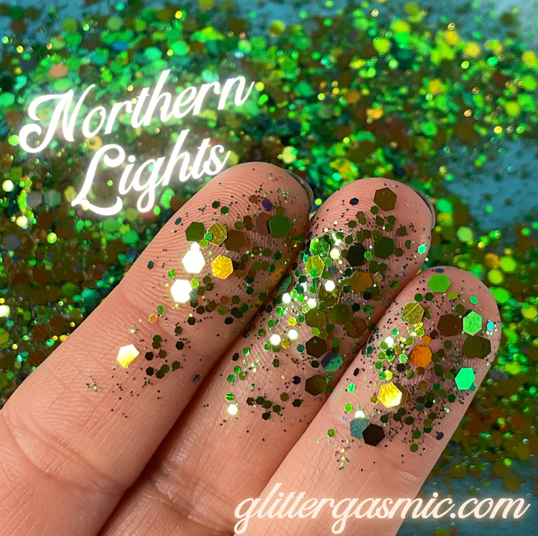 Northern Lights chunky green gold holo Glitter for pens candles earrings clay resin mugs slime tumblers nail art 2 oz