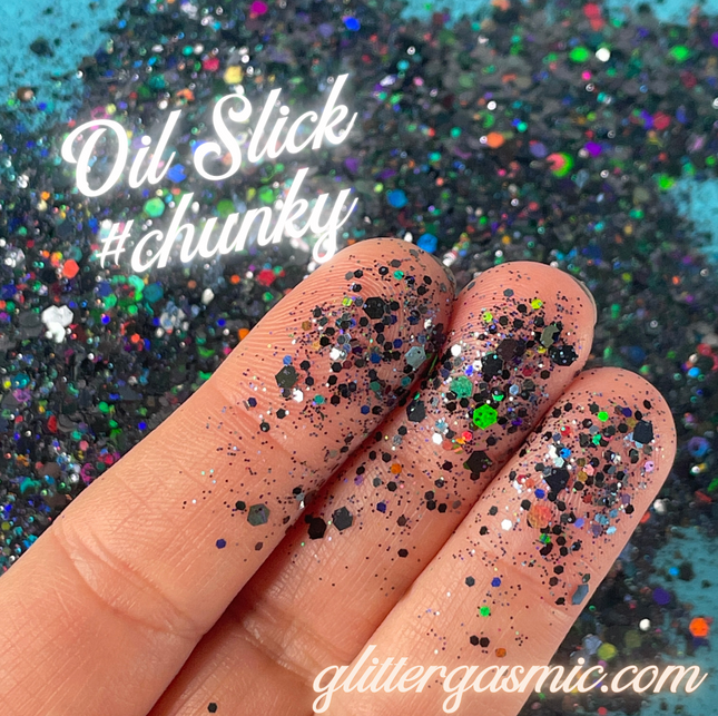 Oil Slick black holographic Chunky Glitter for pens candles earrings clay resin mugs slime tumblers nail art 2 oz - Create Along 